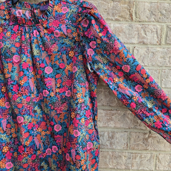 J. Crew Liberty Ciara Ruffleneck Flutter Sleeve Floral Top Pleated Pink Small - Picture 10 of 13